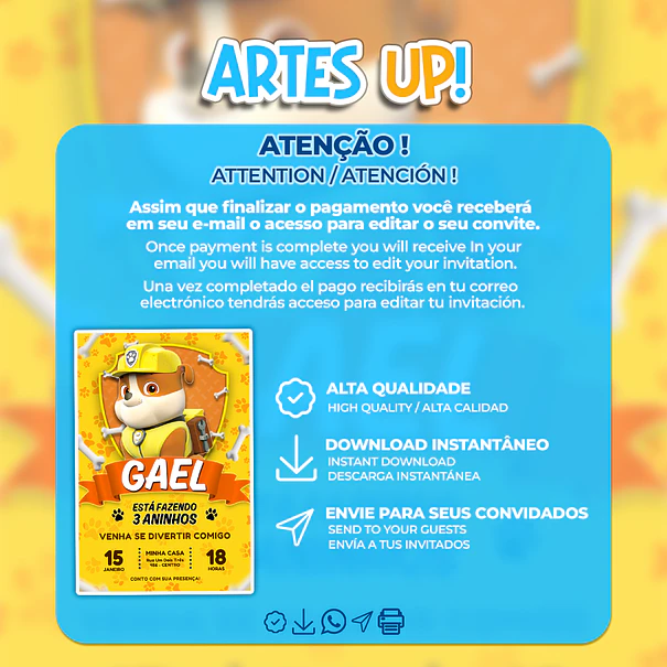 Convite de Aniversário Rubble Patrulha Canina 2