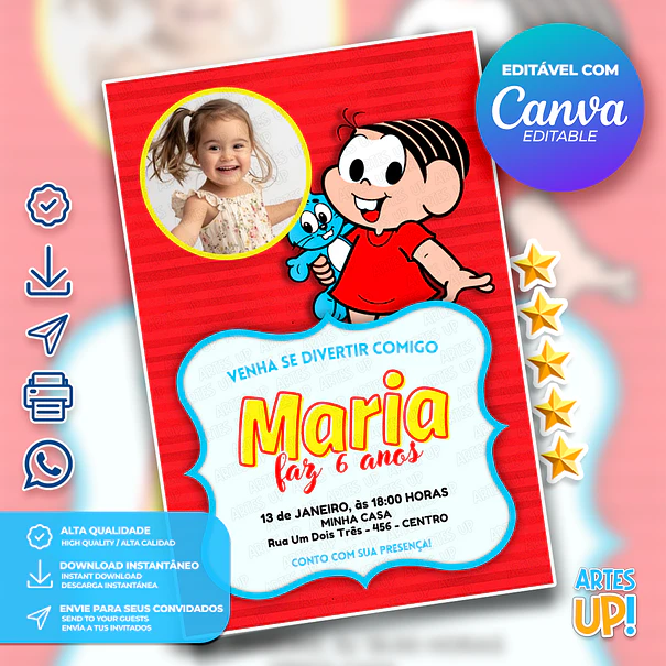 Convite Aniversário Mônica Turma da Mônica com foto 1