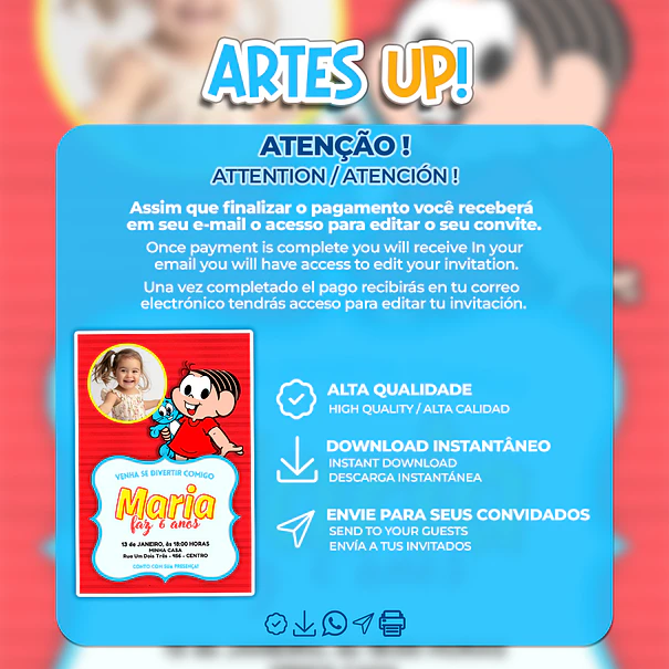 Convite Aniversário Mônica Turma da Mônica com foto 2
