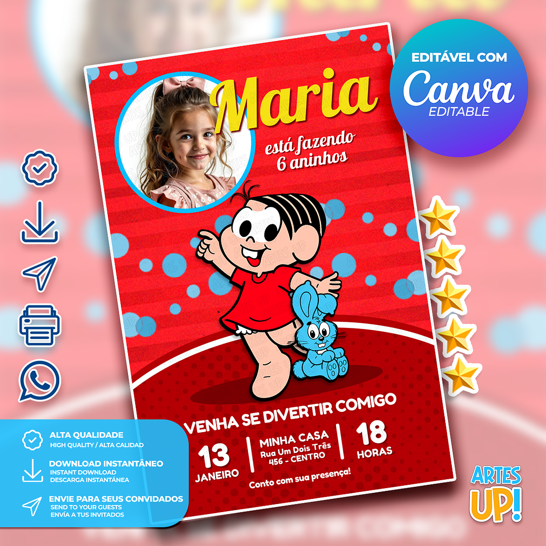 Convite Aniversário Mônica Turma da Mônica com foto 1