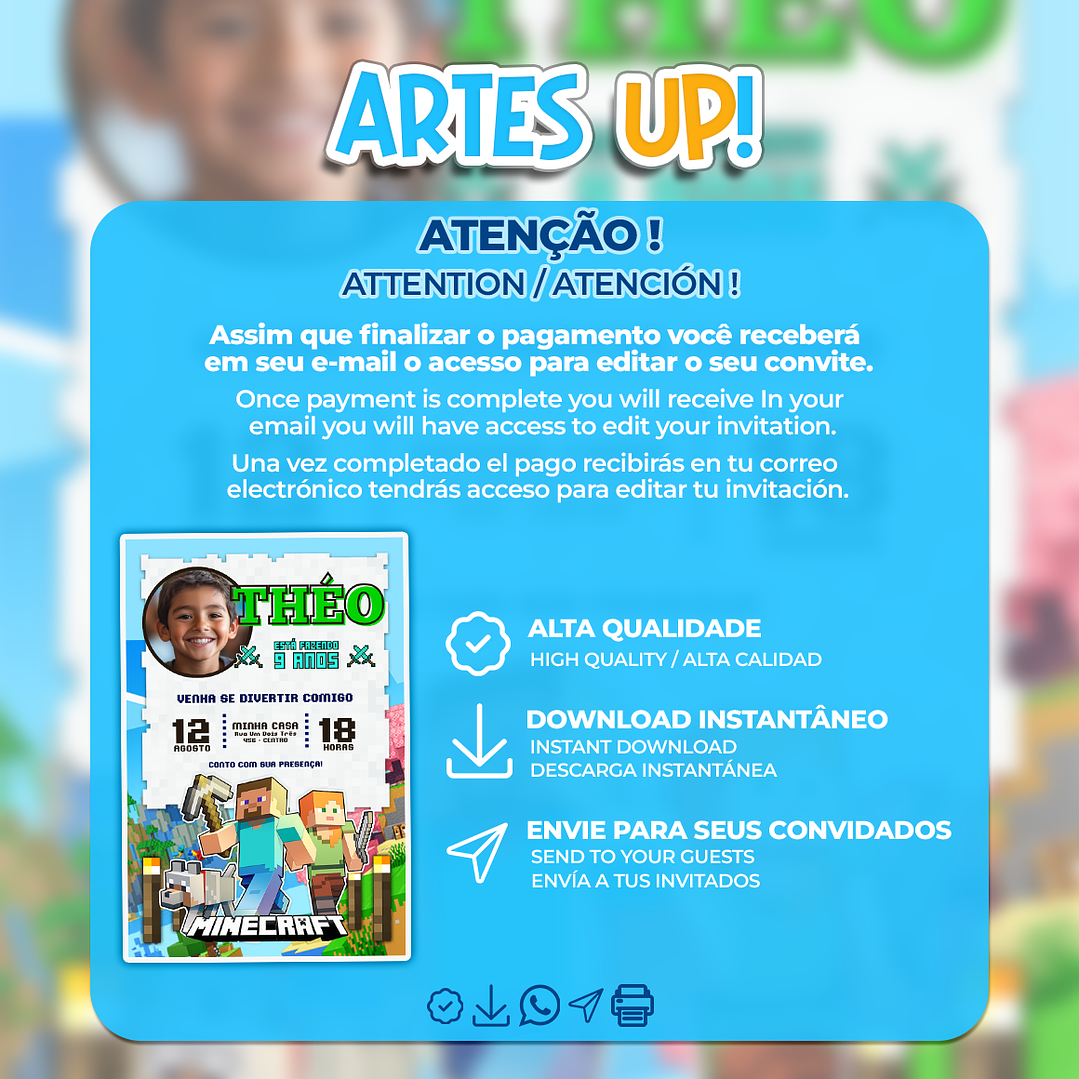 Convite Aniversário Minecraft com foto 2