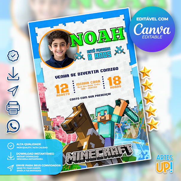 Invitación de cumpleaños de Minecraft con foto 1