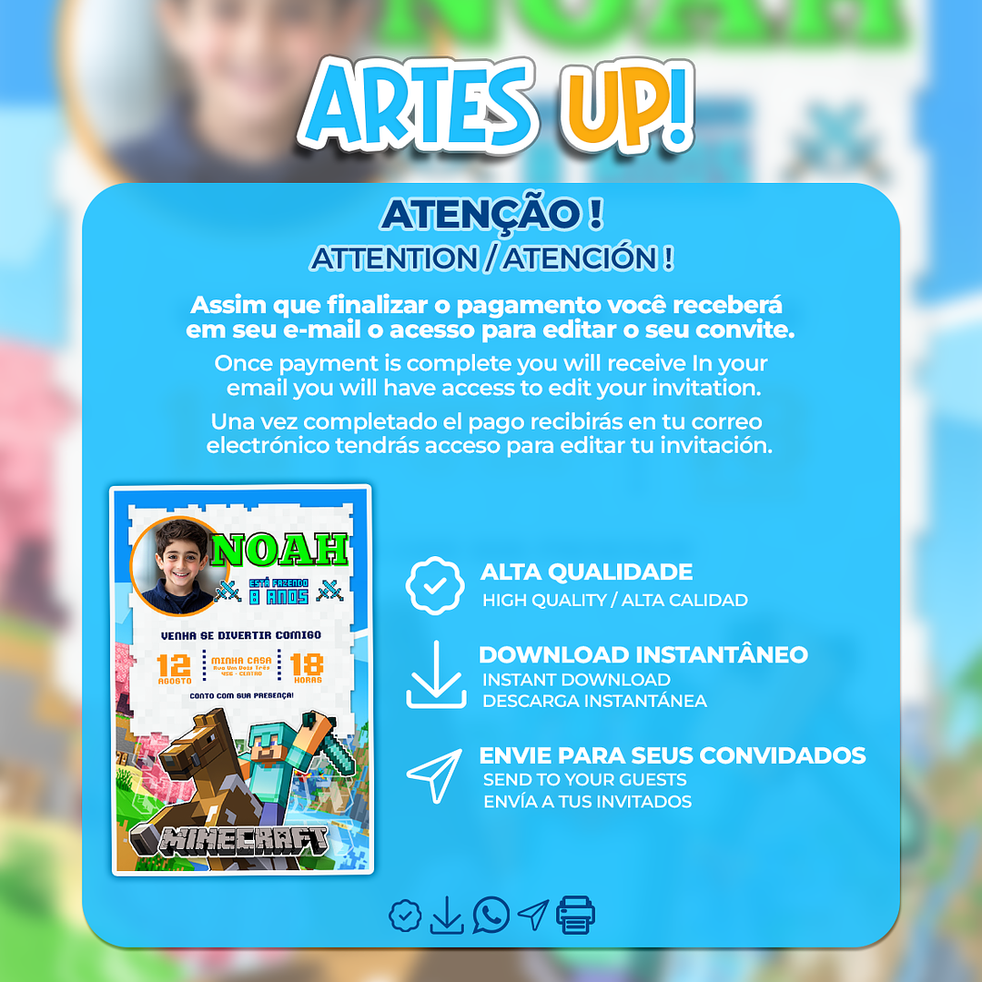 Convite Aniversário Minecraft com foto 2