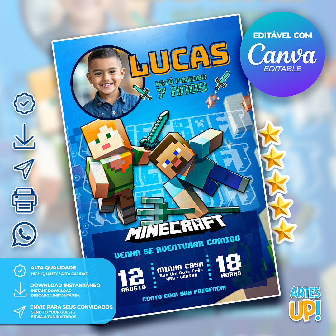 Convite Aniversário Minecraft com foto 1