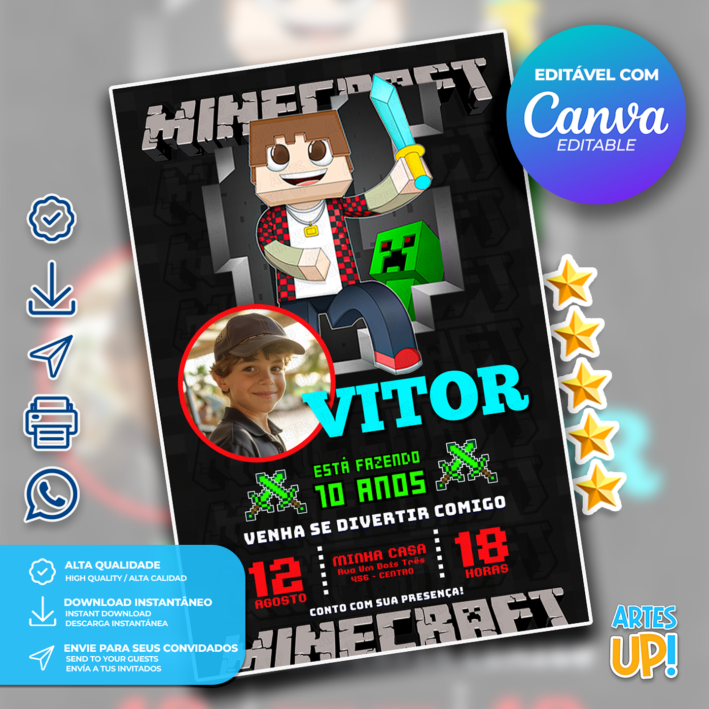 Convite Aniversário Minecraft com foto 1