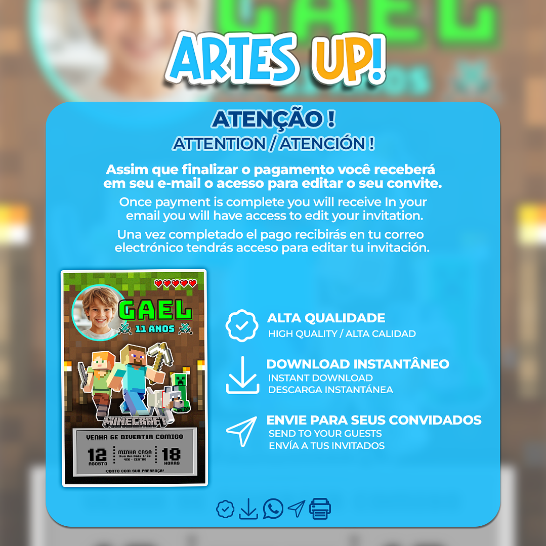 Convite Aniversário Minecraft com foto 2