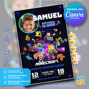 Convite Aniversário Minecraft com foto
