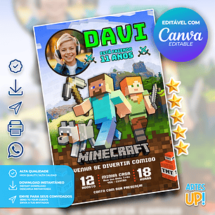 Convite Aniversário Minecraft com foto