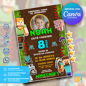 Convite Aniversário Minecraft com foto