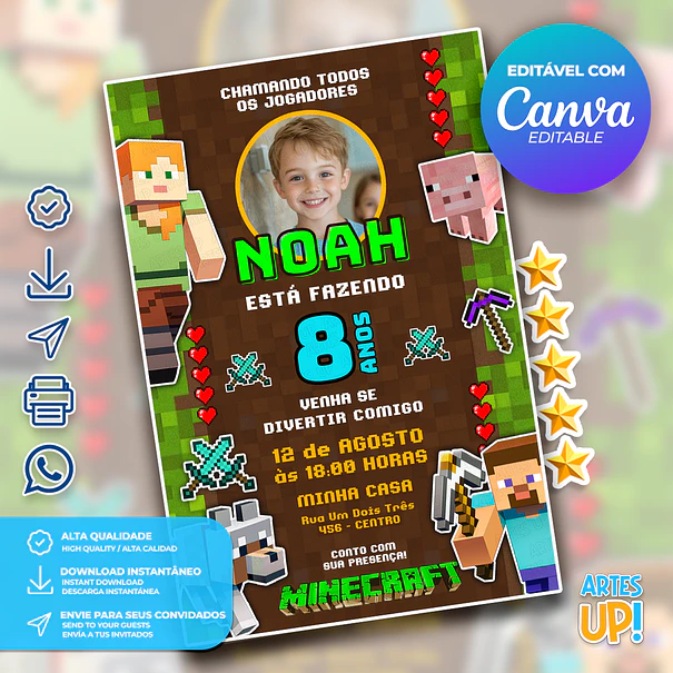 Convite Aniversário Minecraft com foto 1