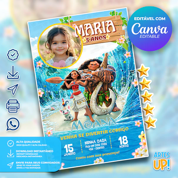 Convite Digital Aniversário Moana com Foto 1