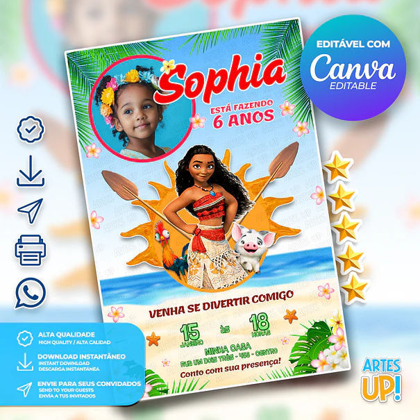 Convite Digital Aniversário Moana com Foto 1