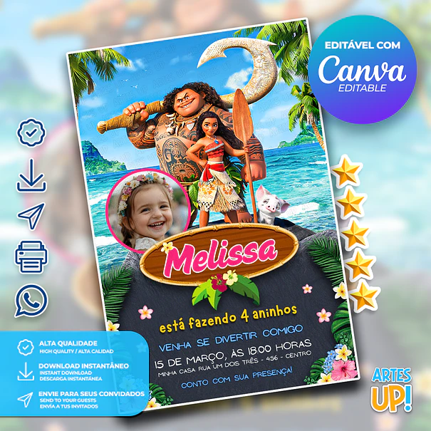 Convite Digital Aniversário Moana com Foto 1
