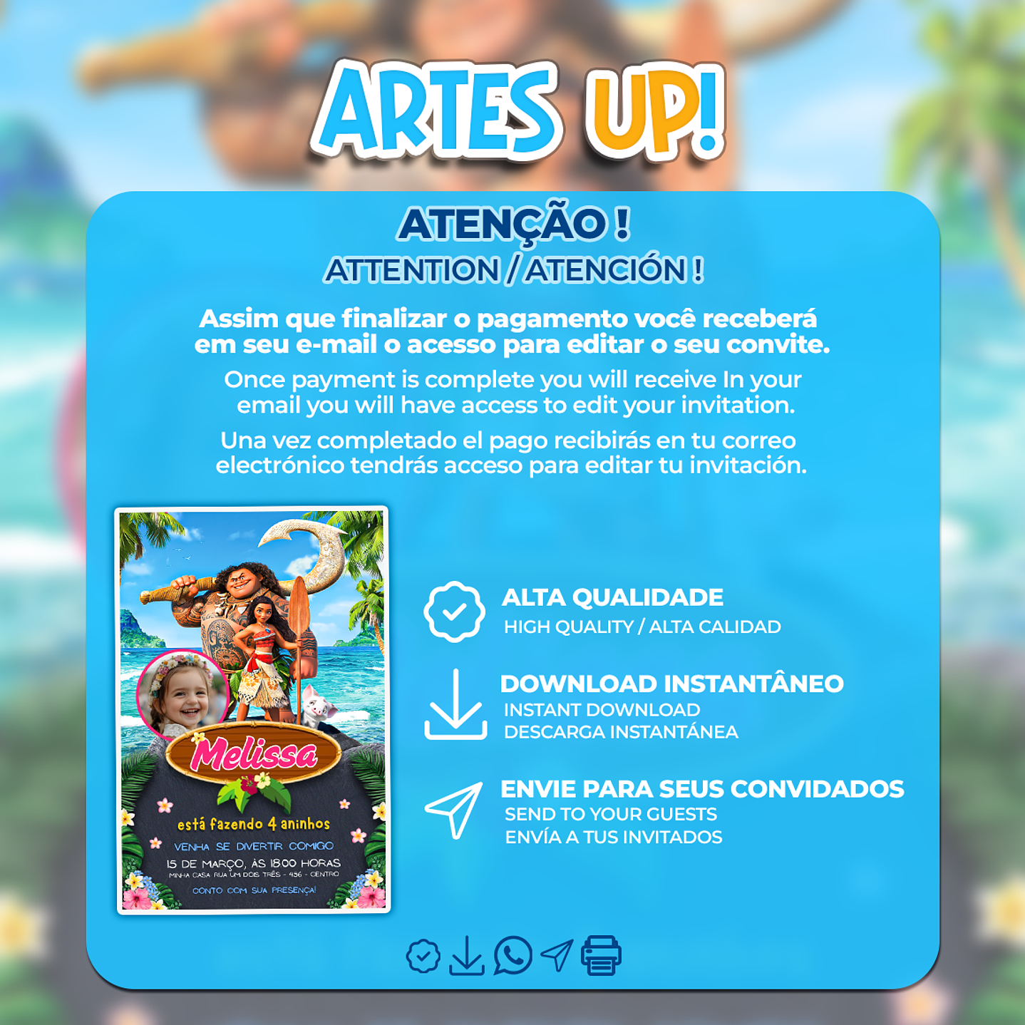 Convite Aniversário Moana com foto 2