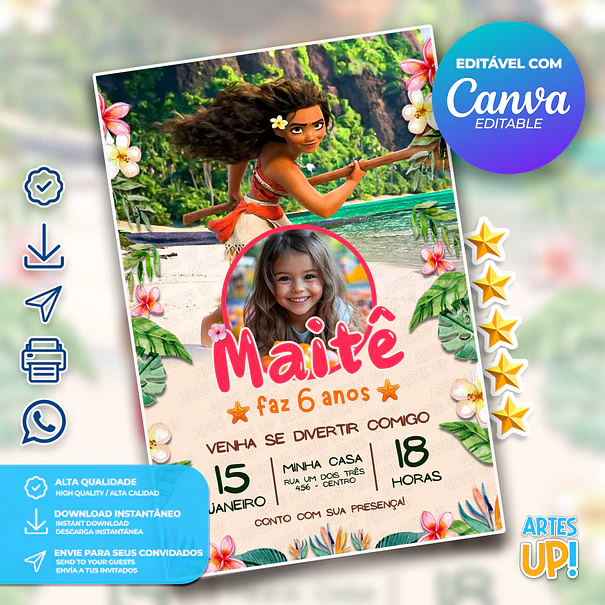 Convite Digital Aniversário Moana com Foto 1