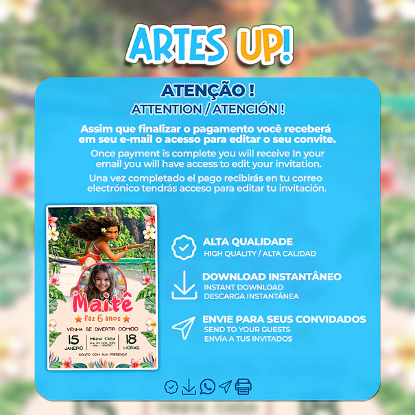 Convite Digital Aniversário Moana com Foto 2
