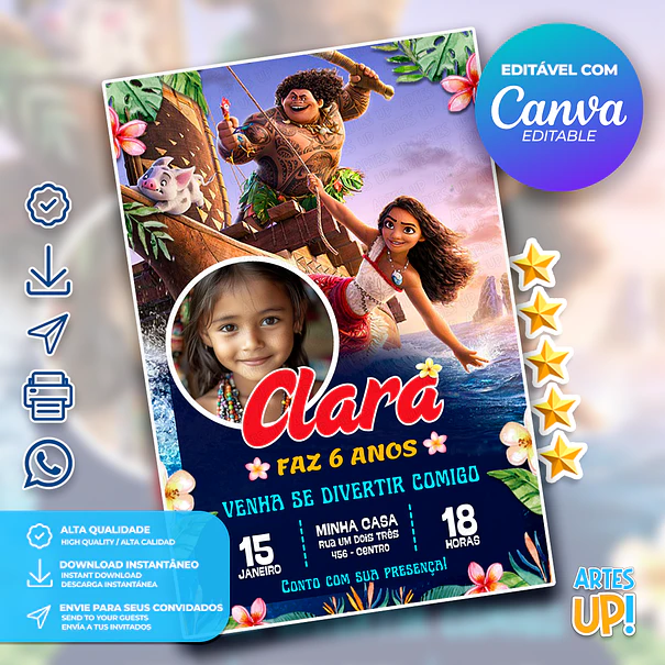 Convite Digital Aniversário Moana com Foto 1