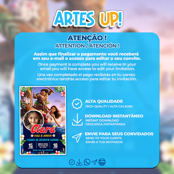 Convite Digital Aniversário Moana com Foto 2