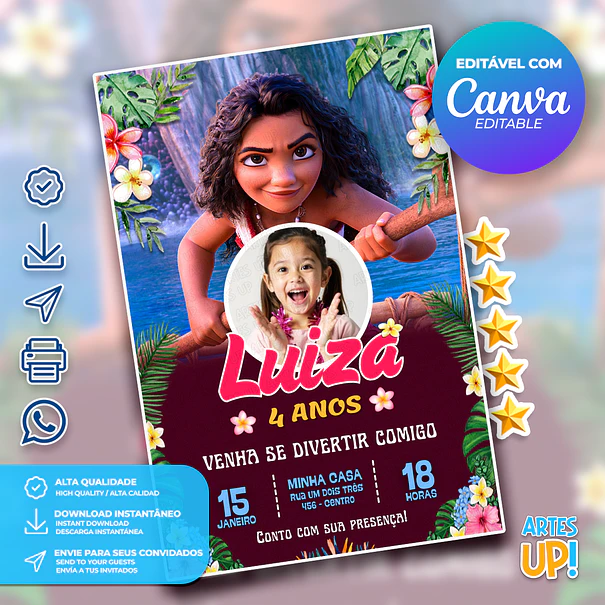 Convite Digital Aniversário Moana com Foto 1