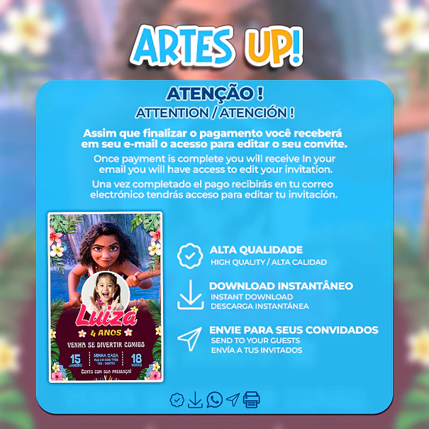 Convite Digital Aniversário Moana com Foto 2