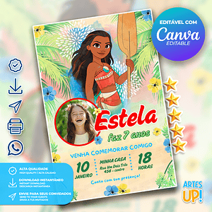 Invitación de cumpleaños de Moana en acuarela con foto