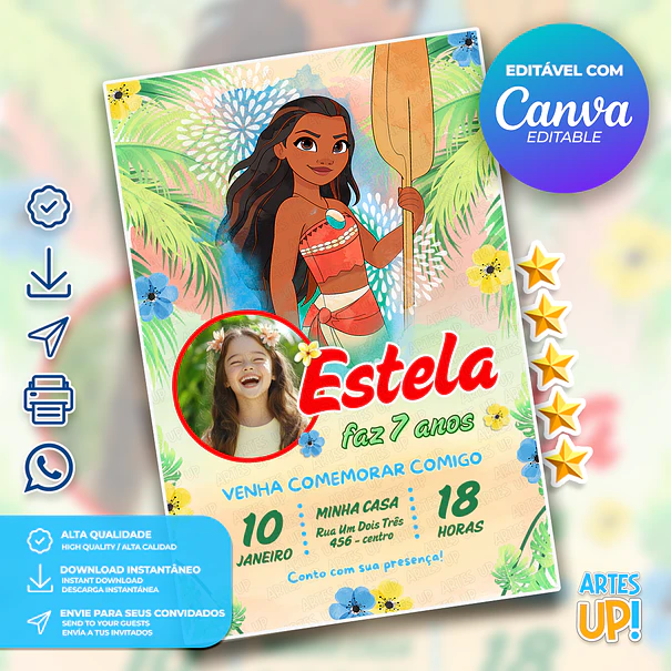 Invitación de cumpleaños de Moana en acuarela con foto 1