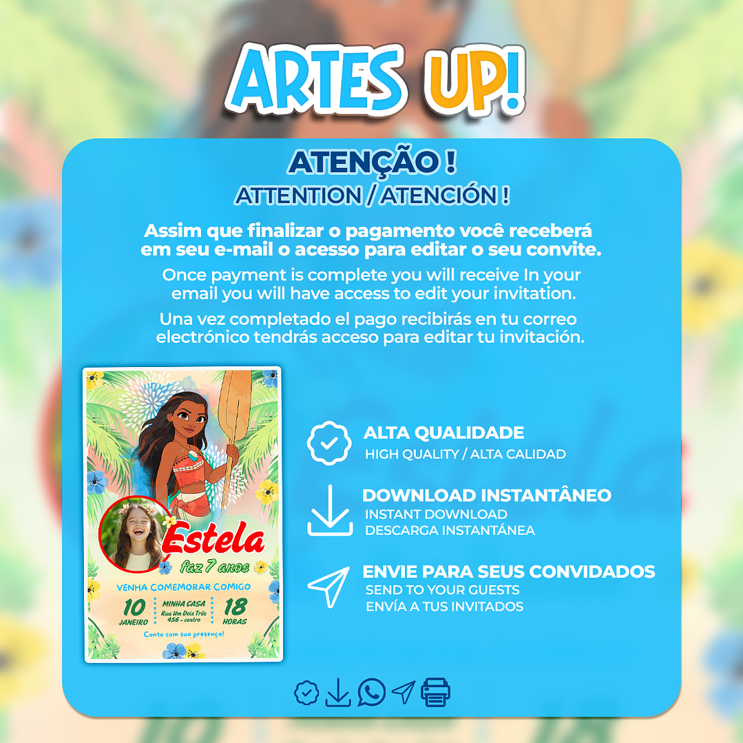 Convite Aniversário Moana aquarela com foto 2