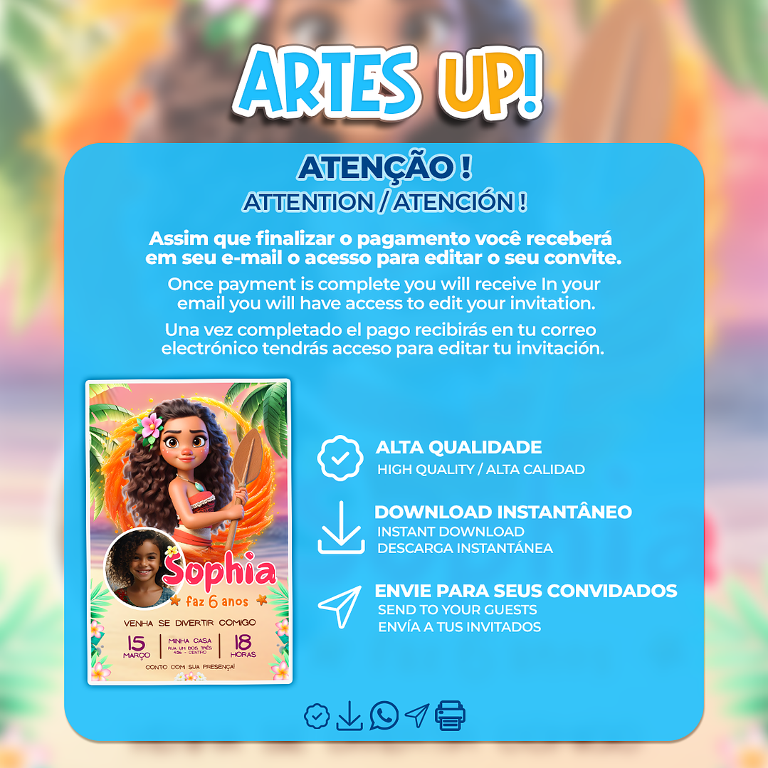 Convite Aniversário Moana com foto 2