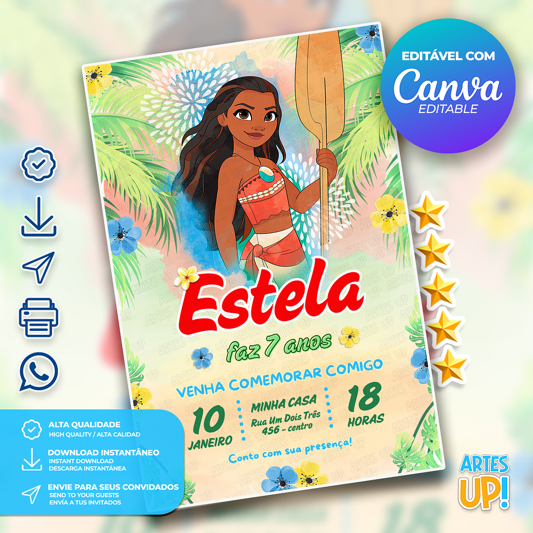 Convite Aniversário Moana aquarela 1