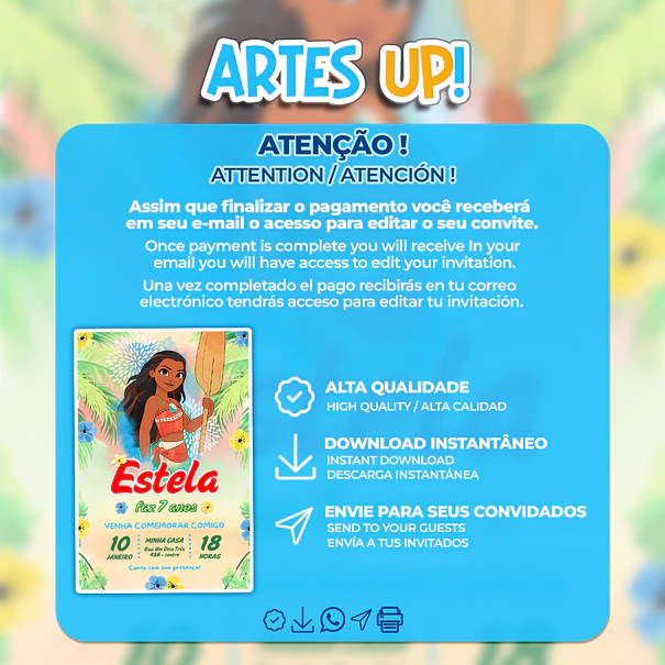 Moana Watercolor Birthday Invitation 2