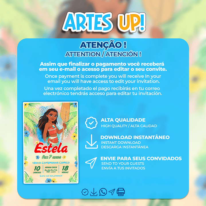 Convite Aniversário Moana aquarela 2