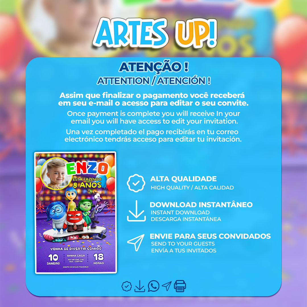 Convite Aniversário Divertida Mente com foto 2