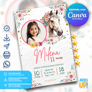 Invitación de cumpleaños floral de caballo con foto