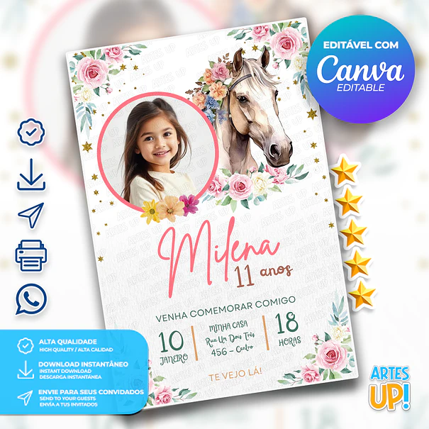 Convite Aniversário Cavalo Floral com foto 1