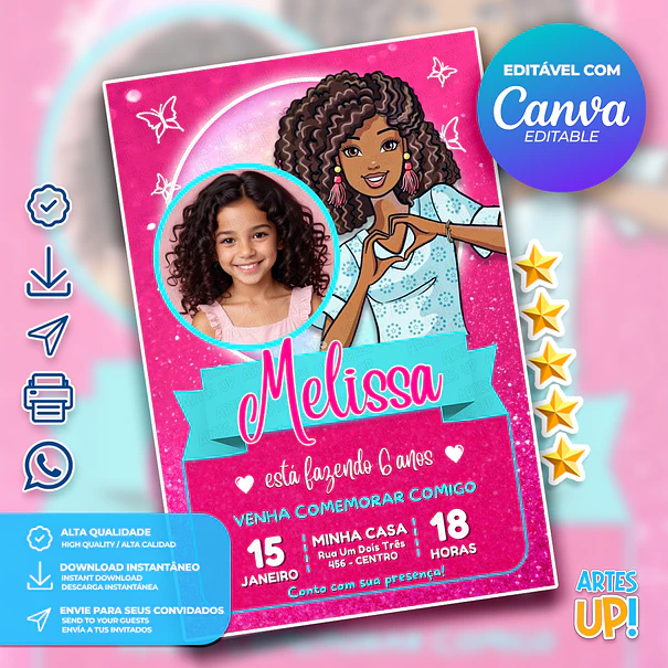 Invitación de cumpleaños de Barbie negra con foto 1