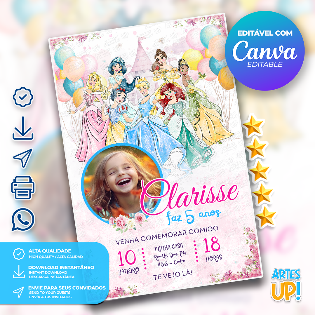 Convite Aniversário Princesas Disney Aquarela com foto 1