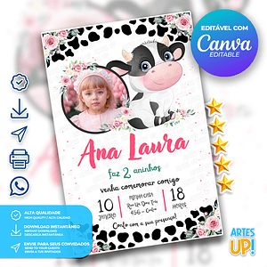 Invitación de cumpleaños floral de Vaca con foto