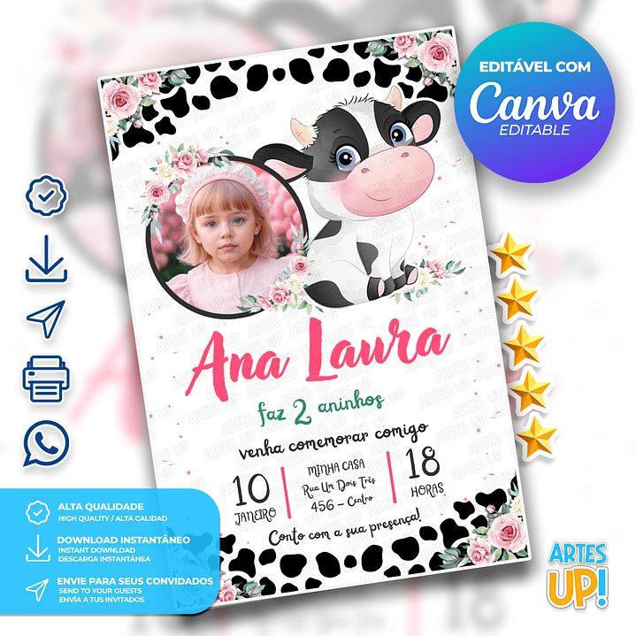 Convite Aniversário Vaquinha Floral com foto 1