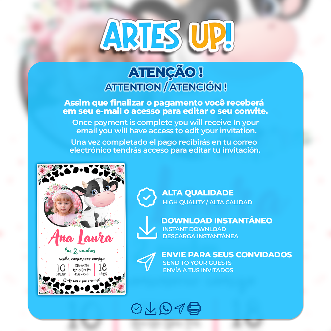 Convite Aniversário Vaquinha Floral com foto 2