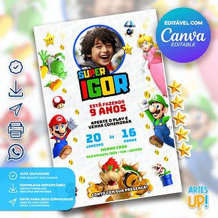 Convite Aniversário Super Mario Bros com foto