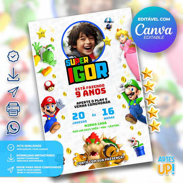 Super Mario Bros Birthday Invitation with photo 1