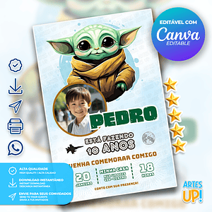 Invitación de cumpleaños de Baby Yoda Star Wars con foto
