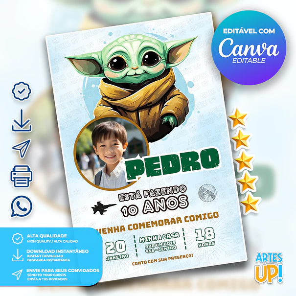 Baby Yoda Star Wars Birthday Invitation with photo 1