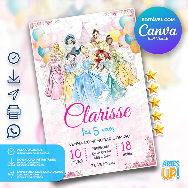 Convite Aniversário Princesas Disney Aquarela 1