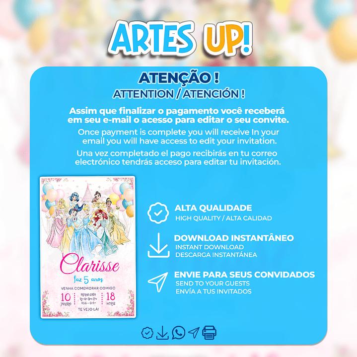 Convite Aniversário Princesas Disney Aquarela 2