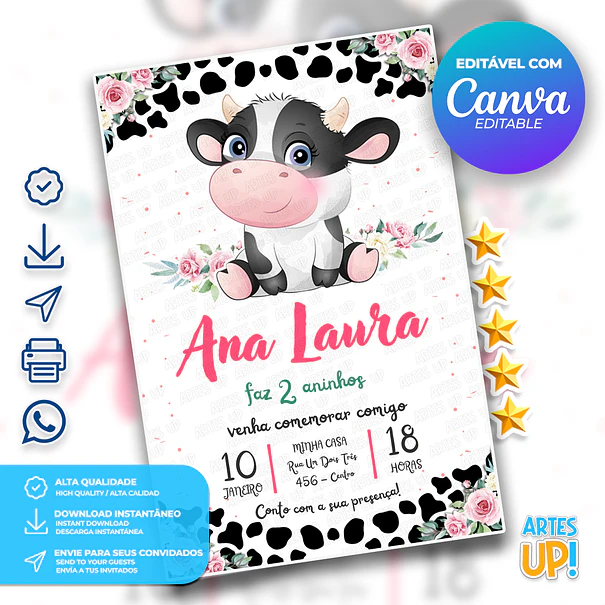 Floral Cow Birthday Invitation 1