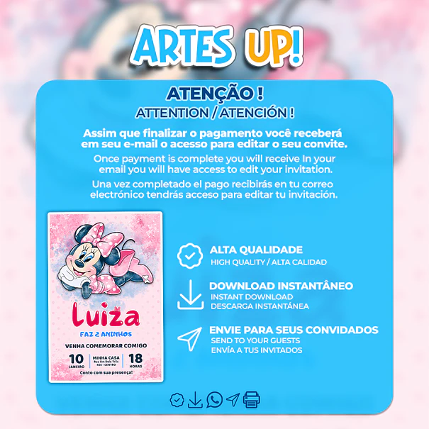 Convite Aniversário Minnie aquarela 2