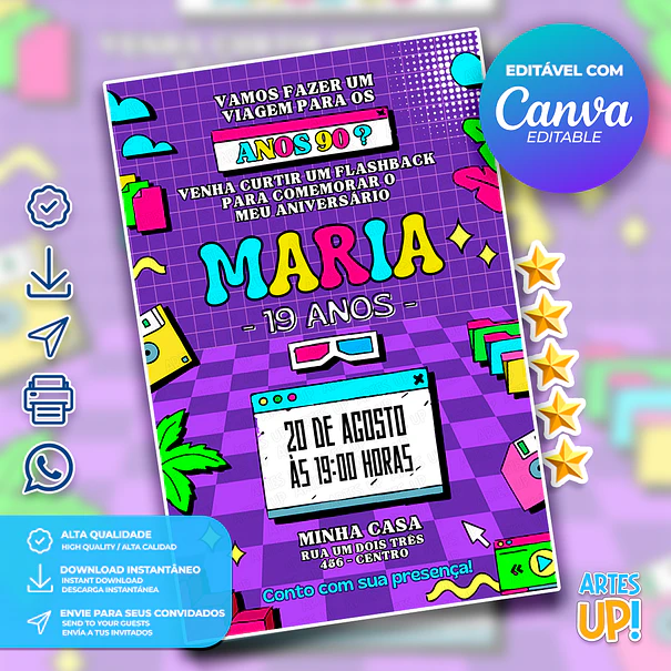 Convite Aniversário Anos 90 Retrô 1