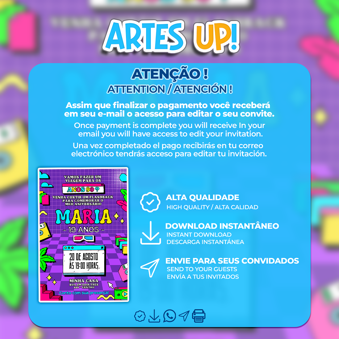 Convite Aniversário Anos 90 Retrô 2