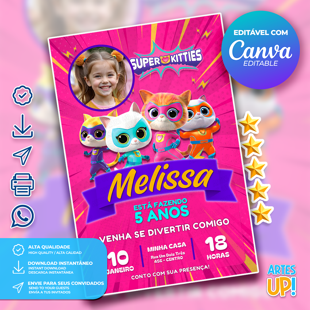 Convite Aniversário Supergatinhos com foto 1